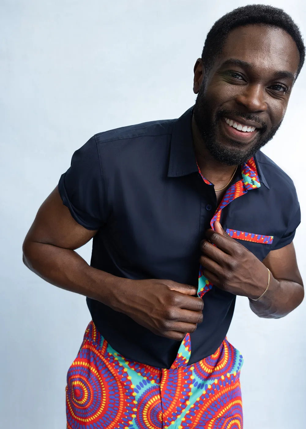 Kanai Men's African Print Color-Blocked Shirt (Navy/Turquoise Red Circles) - Clearance