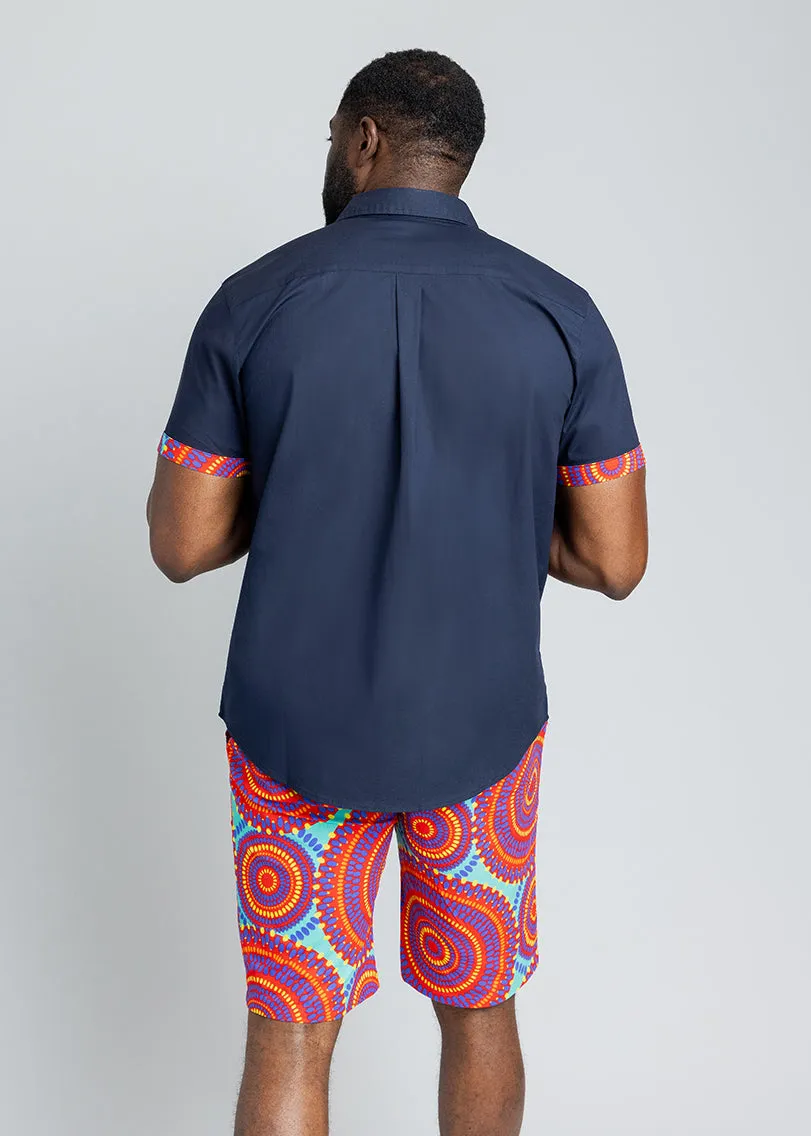 Kanai Men's African Print Color-Blocked Shirt (Navy/Turquoise Red Circles) - Clearance