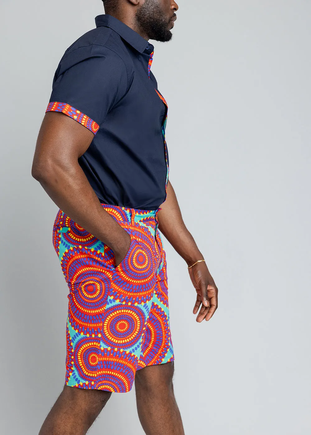 Kanai Men's African Print Color-Blocked Shirt (Navy/Turquoise Red Circles) - Clearance