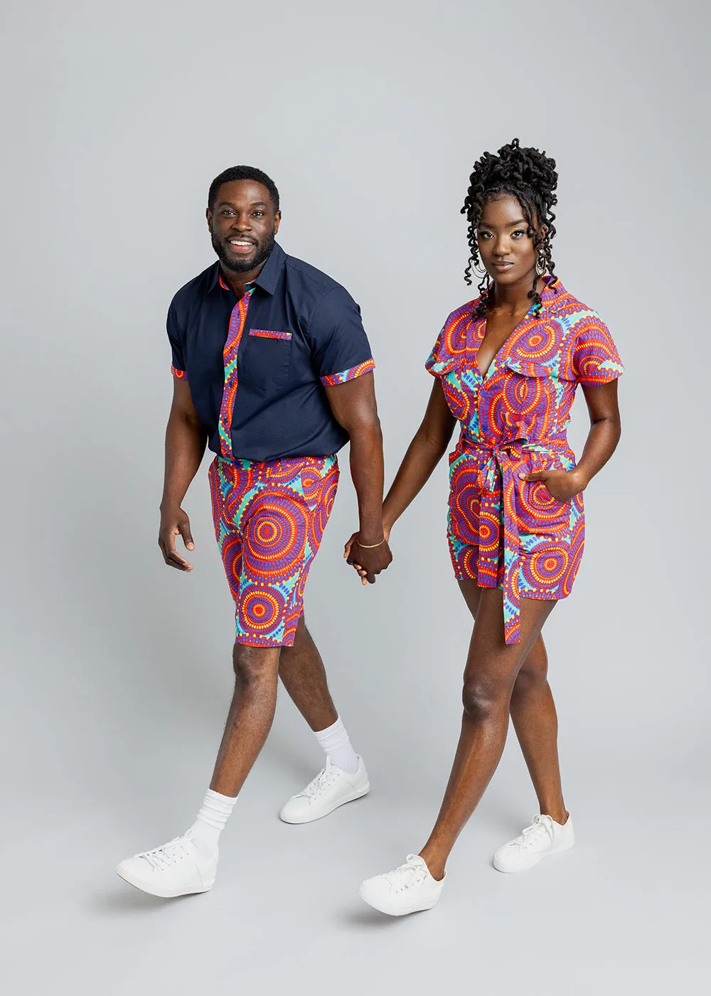 Kanai Men's African Print Color-Blocked Shirt (Navy/Turquoise Red Circles) - Clearance