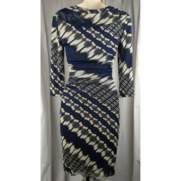 Kay Unger NY Blue Wiggle Dress Abstract Print Nylon Ruched Cowl Neck Sexy XS