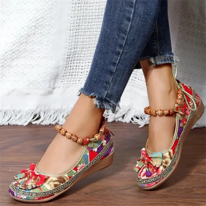 Ladies Ethnic Style Embroidered Ankle Strap Loafers