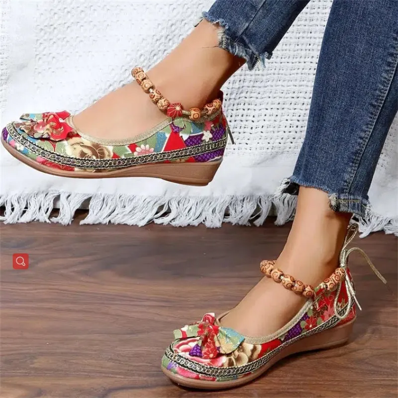 Ladies Ethnic Style Embroidered Ankle Strap Loafers