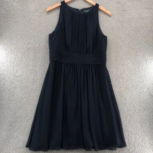 Lauren Ralph Lauren Dress Womens 16 Navy Evening Knee Fit &amp; Flare Pleated Formal