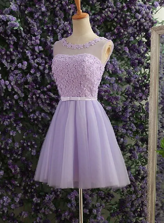 Lavender Flowers Tulle Party Dress, Cute Teen Party Dress, Round Neckline Formal Dresses