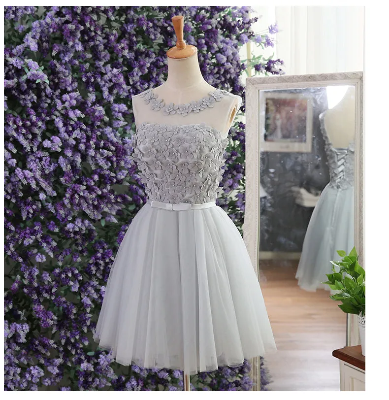 Lavender Flowers Tulle Party Dress, Cute Teen Party Dress, Round Neckline Formal Dresses