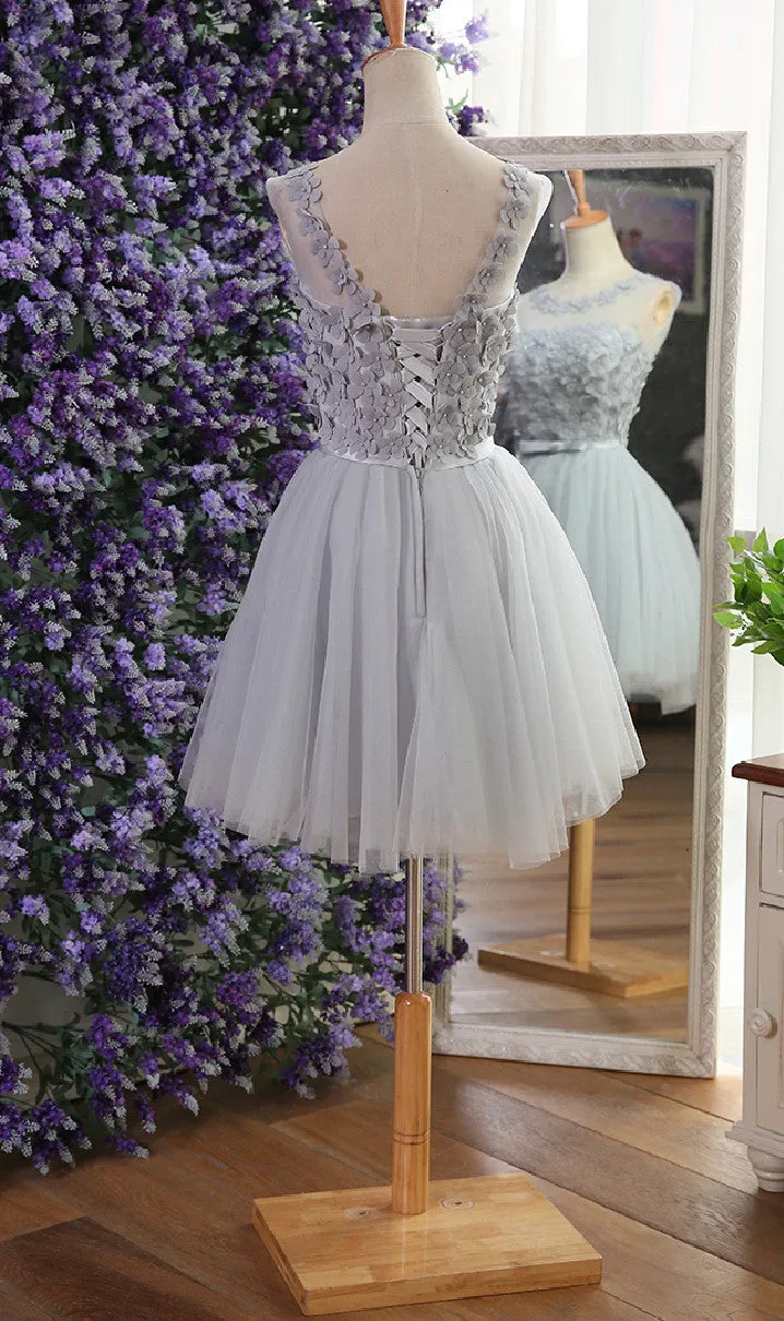 Lavender Flowers Tulle Party Dress, Cute Teen Party Dress, Round Neckline Formal Dresses