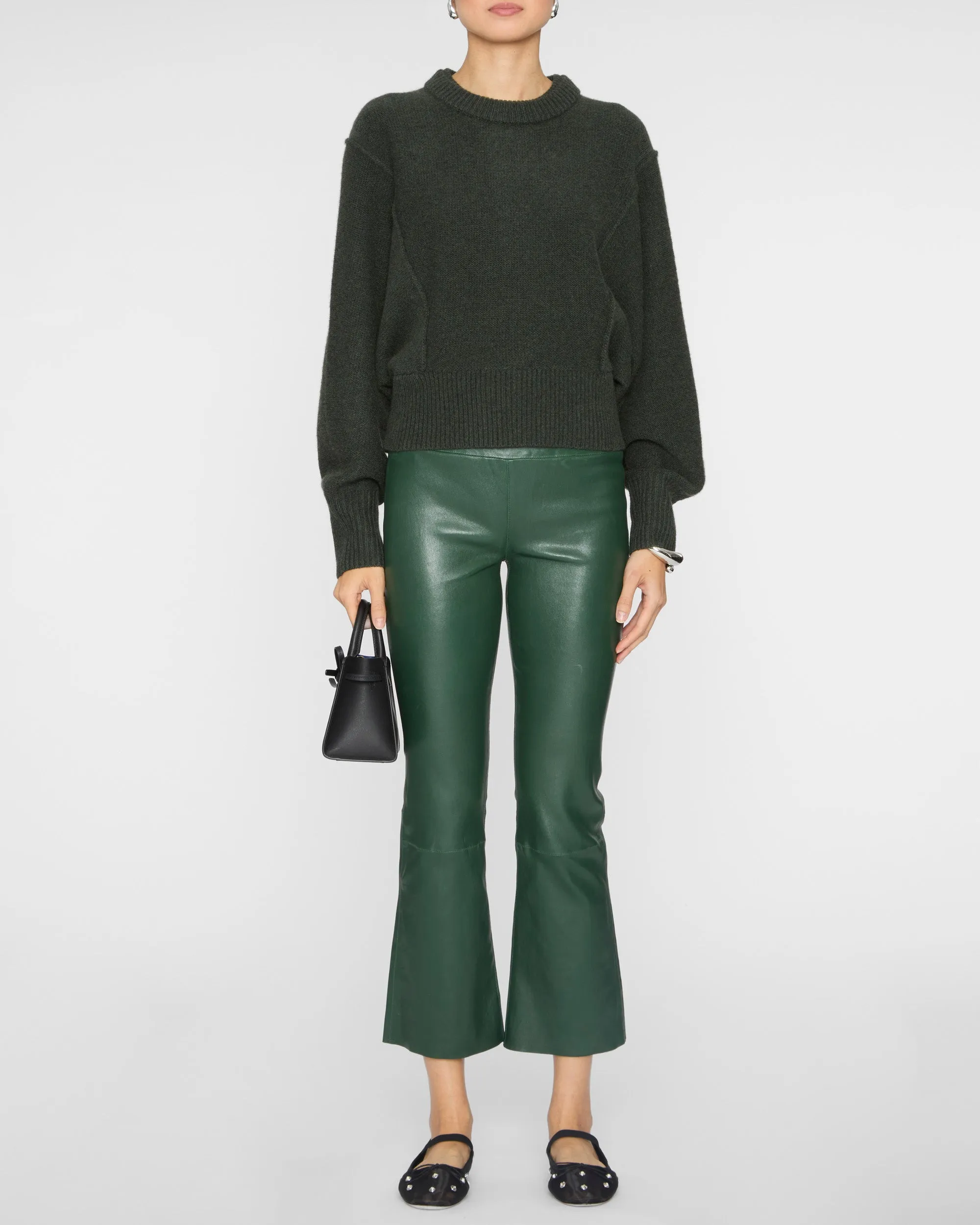 Leather Crop Flare Legging in Ivy
