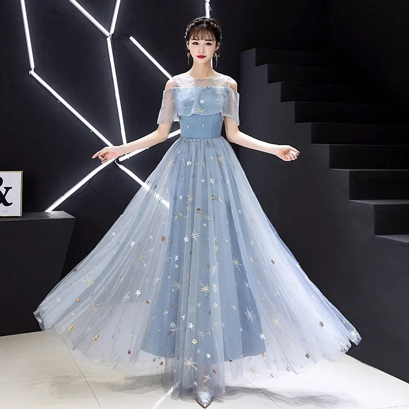 Light Blue Off Shoulder Long Party Dresses , Blue Formal Gowns