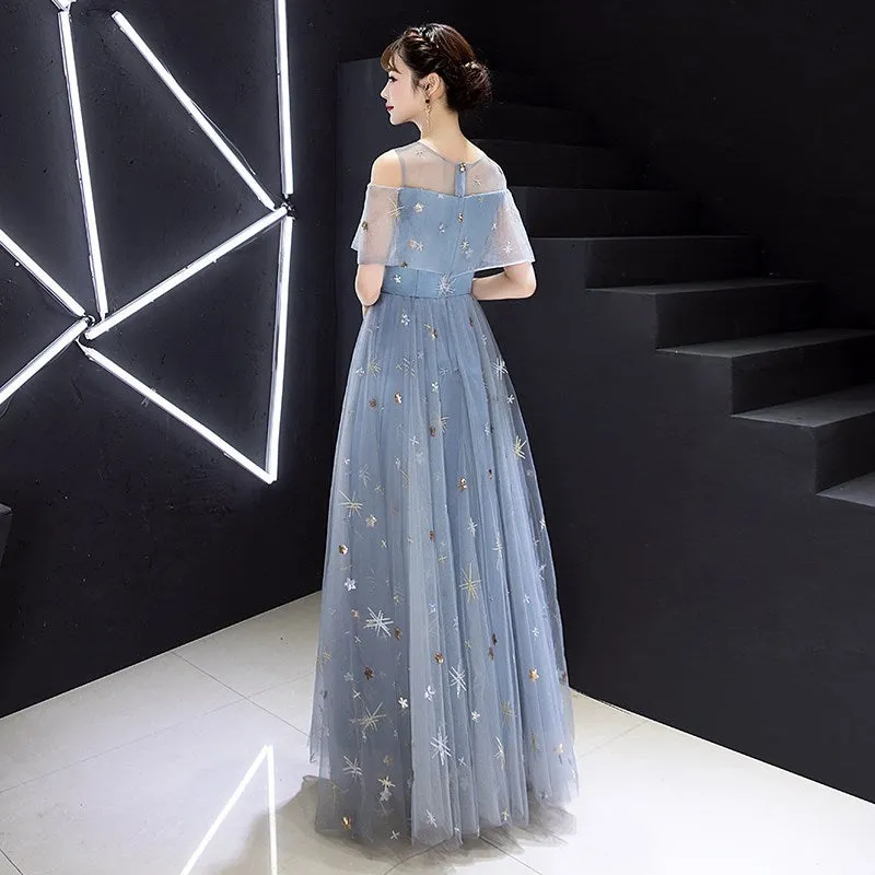 Light Blue Off Shoulder Long Party Dresses , Blue Formal Gowns