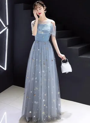Light Blue Off Shoulder Long Party Dresses , Blue Formal Gowns