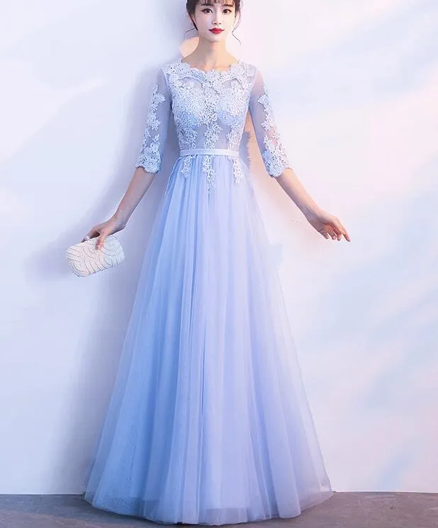 Light Blue Short Sleeves Tulle and Lace Wedding Party Dress, Lovely Formal Dress
