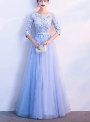 Light Blue Short Sleeves Tulle and Lace Wedding Party Dress, Lovely Formal Dress