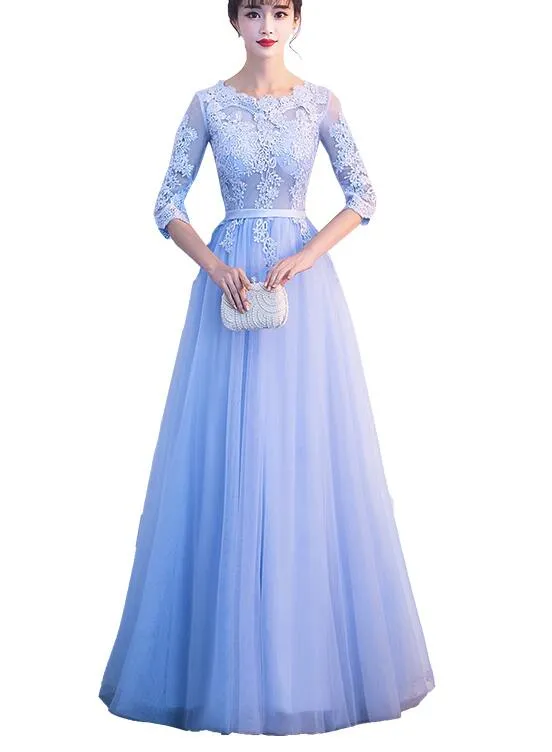 Light Blue Short Sleeves Tulle and Lace Wedding Party Dress, Lovely Formal Dress