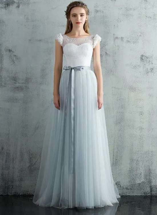 Light Grey Tulle Long Cap Sleeves Wedding Party Dress, Grey A-line Formal Dress