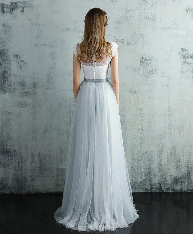 Light Grey Tulle Long Cap Sleeves Wedding Party Dress, Grey A-line Formal Dress
