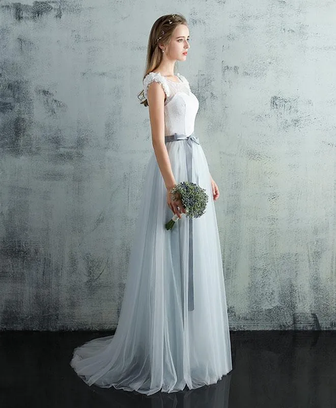 Light Grey Tulle Long Cap Sleeves Wedding Party Dress, Grey A-line Formal Dress