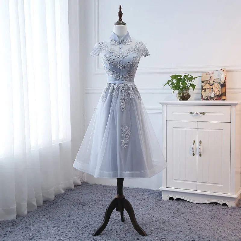 Light Grey Tulle with Lace Short Party Dress Homecoming Dress, Cap Sleeves Formal Dress