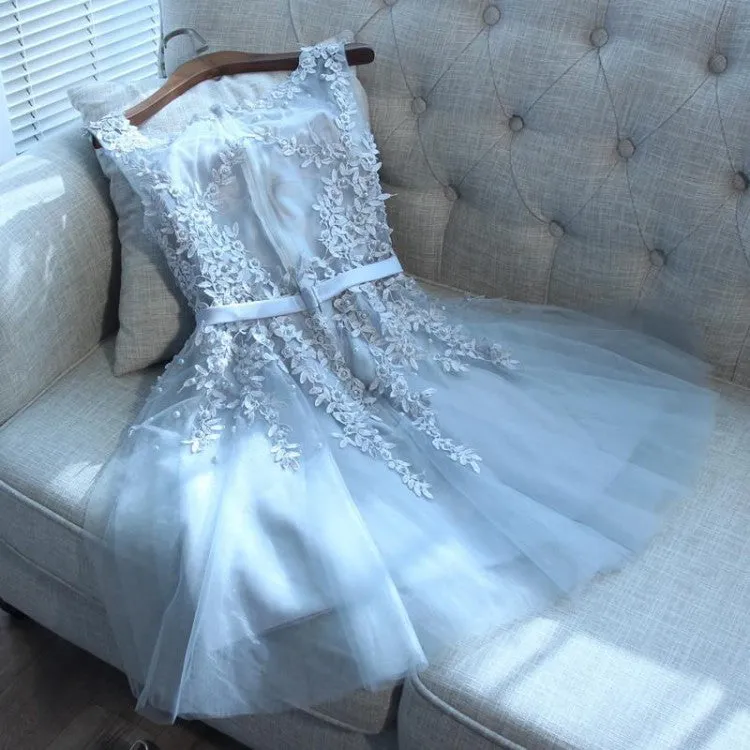 Light Grey V-neckline Knee Length Party Dress, Cute Formal Dress