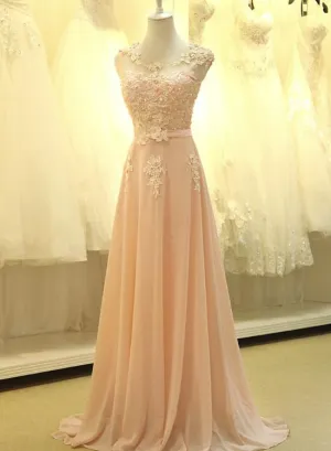Light Pink Chiffon Lace Applique Long Formal Gown, Pink Party Dress