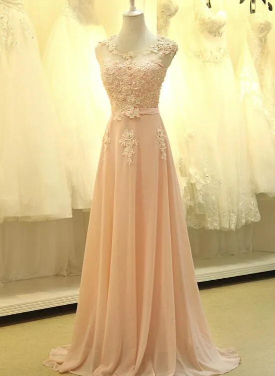 Light Pink Chiffon Lace Applique Long Formal Gown, Pink Party Dress