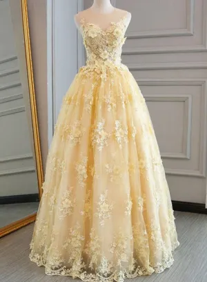 Light Yellow Organza Tulle Applique Formal Gown, Lace Applique Formal Dress