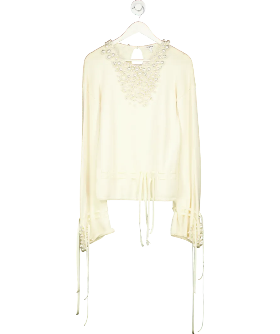 Loewe Cream Drawstring Faux Pearl-embellished Sweater UK S