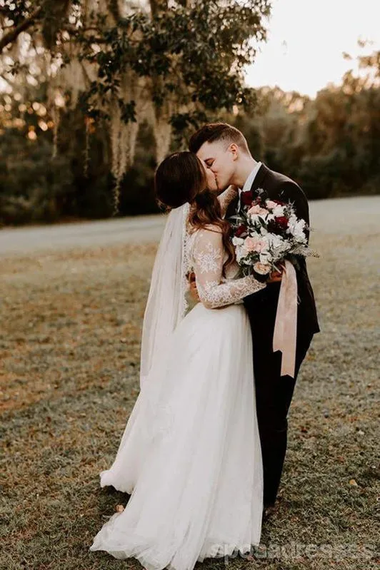 Long Sleeves A-line Illusion Handmade Lace Wedding Dresses,WD735