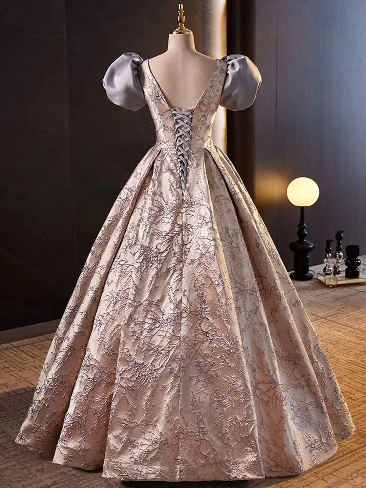 Lovely A-line Floral Satin Short Sleeves Long Prom Dress, Sweetheart Formal Dress