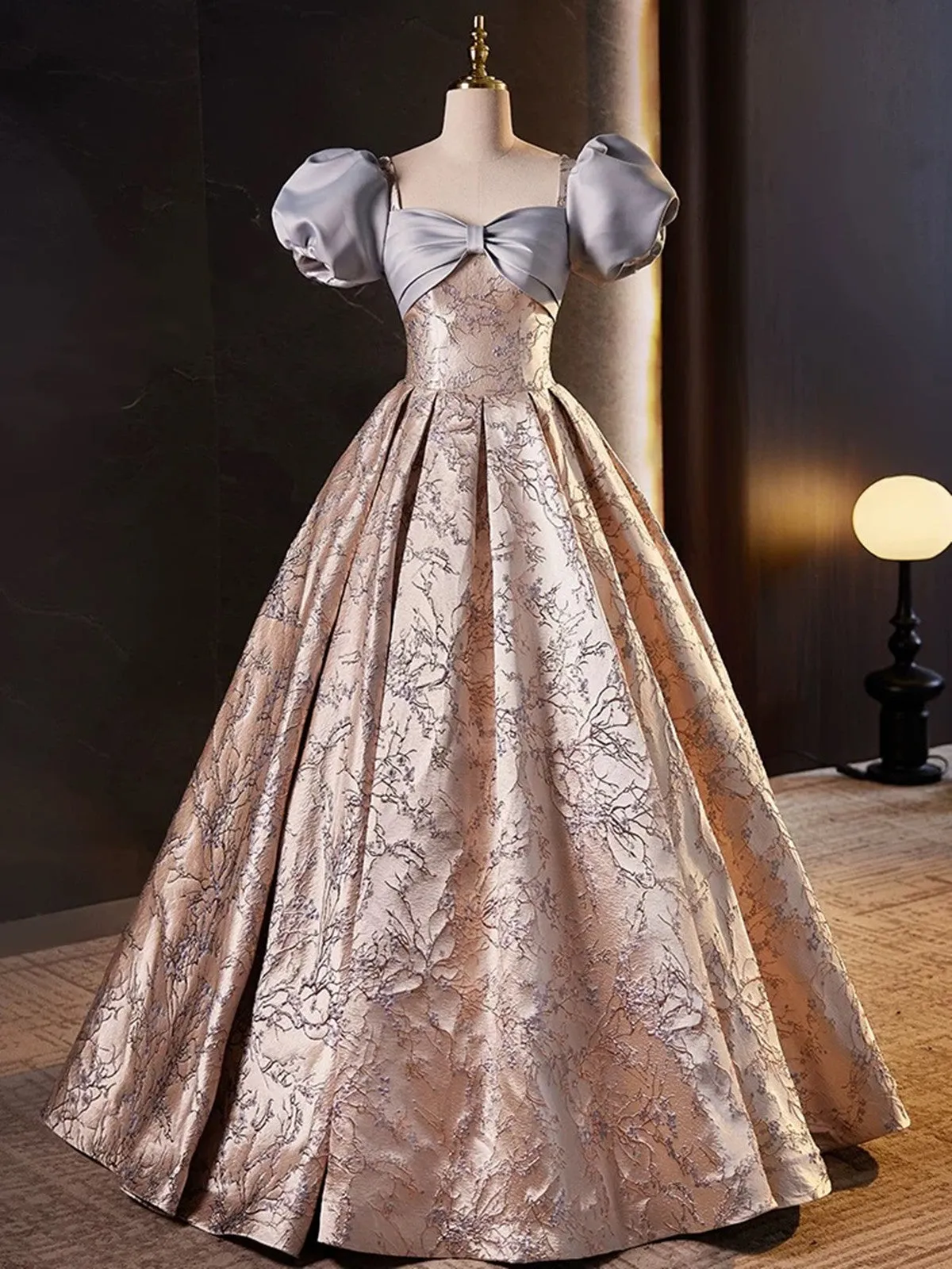 Lovely A-line Floral Satin Short Sleeves Long Prom Dress, Sweetheart Formal Dress
