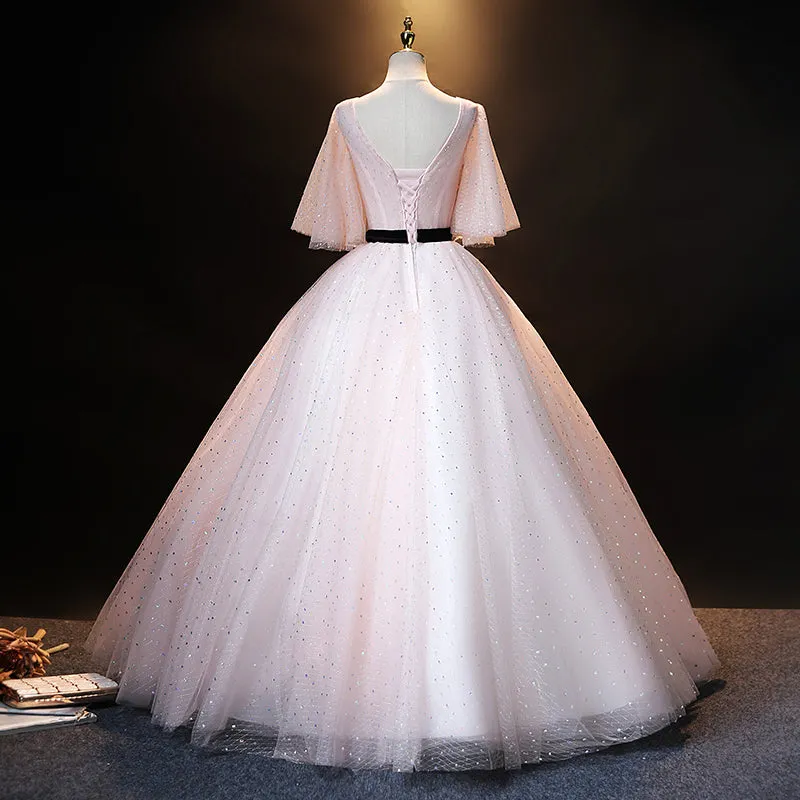 Lovely Pink Short Sleeves Tulle Ball Gown Shiny Sweet 16 Dress, Pink Formal Dress Party Dress