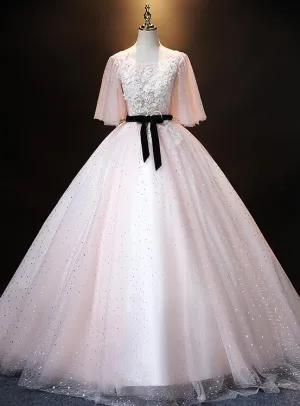 Lovely Pink Short Sleeves Tulle Ball Gown Shiny Sweet 16 Dress, Pink Formal Dress Party Dress