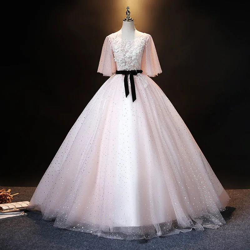 Lovely Pink Short Sleeves Tulle Ball Gown Shiny Sweet 16 Dress, Pink Formal Dress Party Dress