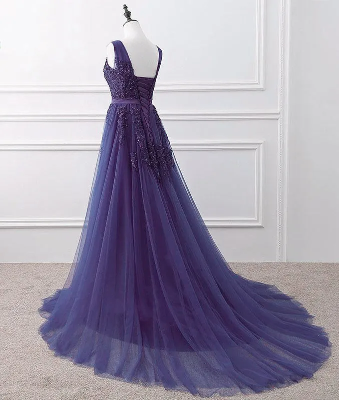 Lovely Purple Handmade Tulle V-neckline Long Party Dress, Purple A-line Bridesmaid Dress