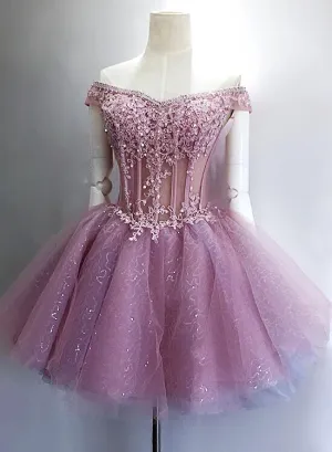Lovely Sequins and Lace Off Shoulder Short Party Dress, Pink Homecoming Dreses