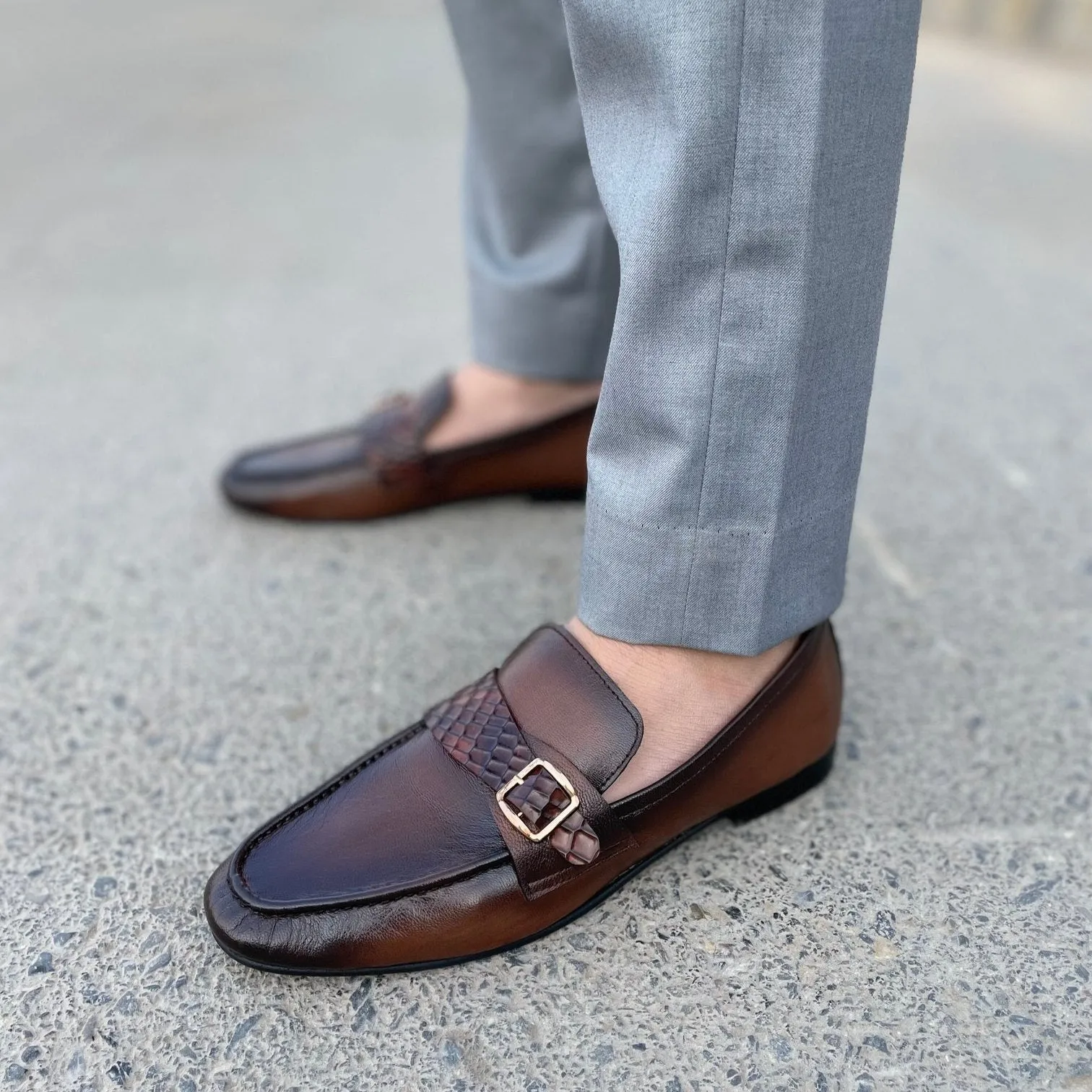 LS Pure leather Handmade Buckled Chord-Stitch Brown Shoes LS-405