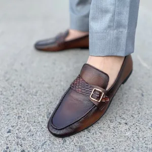LS Pure leather Handmade Buckled Chord-Stitch Brown Shoes LS-405