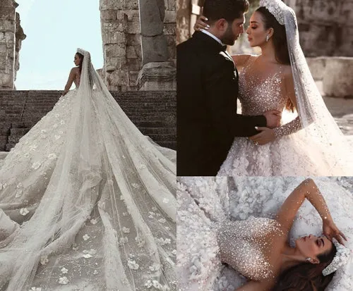 Luxurious Ball Gown Flowers Crystal Long Sleeve Wedding Dresses Bridal Gowns, SW255