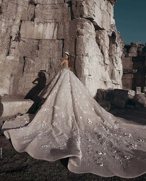 Luxurious Ball Gown Flowers Crystal Long Sleeve Wedding Dresses Bridal Gowns, SW255