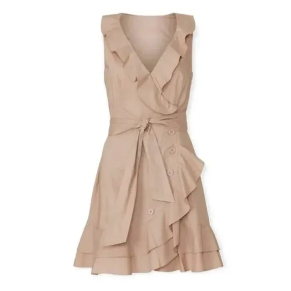 Marissa Webb Collective Ruffle Wrap Cotton Mini Dress Khaki Tan Women's Size 0