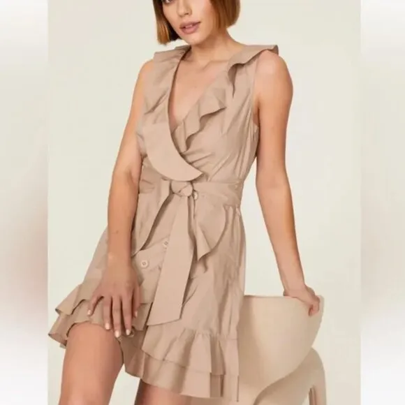 Marissa Webb Collective Ruffle Wrap Cotton Mini Dress Khaki Tan Women's Size 0