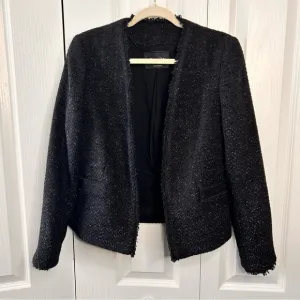 Massimo Dutti Shiny Black Fringe Trim Open Lined Womens Jacket Sz EUR40/US8 Wool
