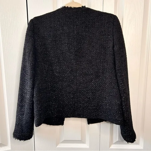 Massimo Dutti Shiny Black Fringe Trim Open Lined Womens Jacket Sz EUR40/US8 Wool