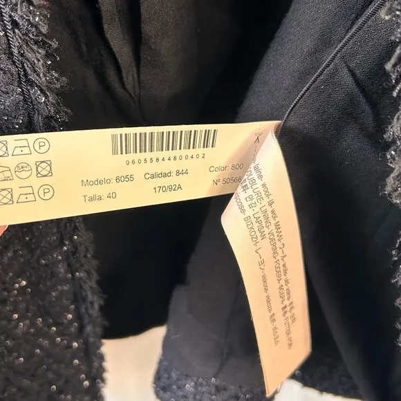 Massimo Dutti Shiny Black Fringe Trim Open Lined Womens Jacket Sz EUR40/US8 Wool