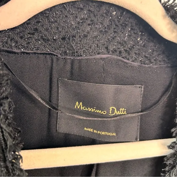 Massimo Dutti Shiny Black Fringe Trim Open Lined Womens Jacket Sz EUR40/US8 Wool