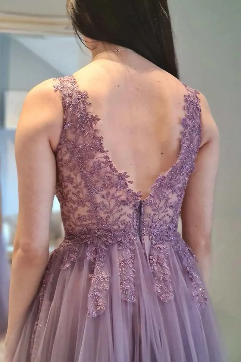 Mauve Tulle Lace Open Back A-Line Prom Gown Formal Dress TP1178
