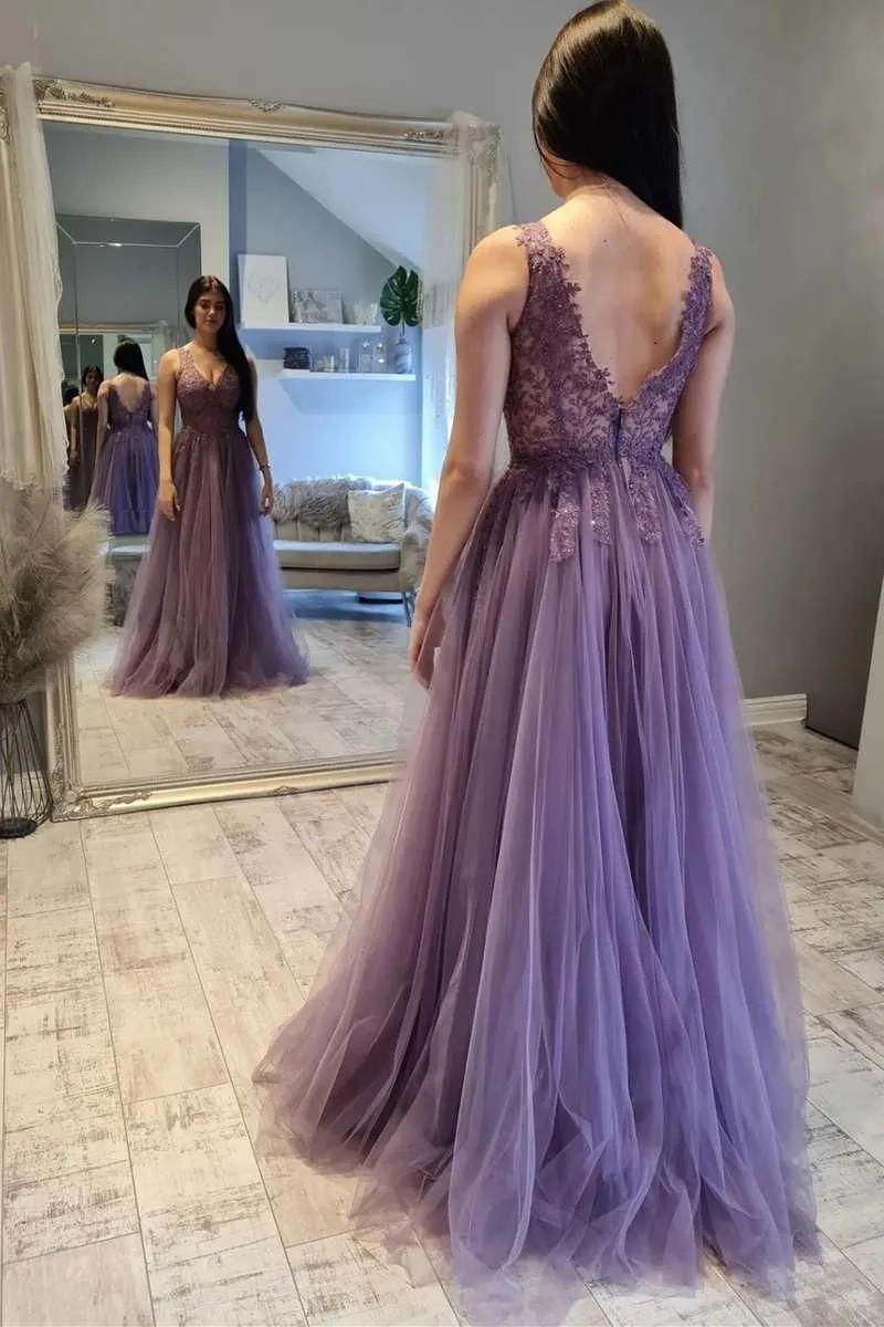 Mauve Tulle Lace Open Back A-Line Prom Gown Formal Dress TP1178