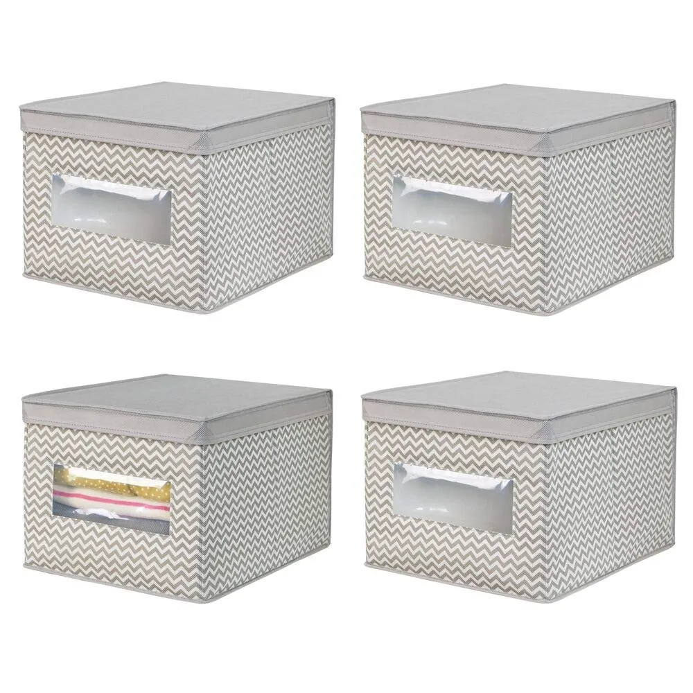 mDesign Soft Fabric Stackable Closet Storage Organizer Holder Box with Clear Window, Attached Hinged Lid - Bedroom, Hallway, Entryway, Closet, Bathroom - Chevron Print, Large, 4 Pack - Taupe/Natural