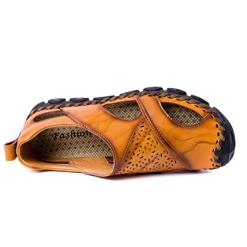Men Breathable Genuine Leather Sandals Casual Beach Flats Shoes