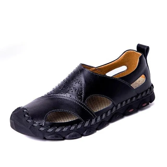 Men Breathable Genuine Leather Sandals Casual Beach Flats Shoes
